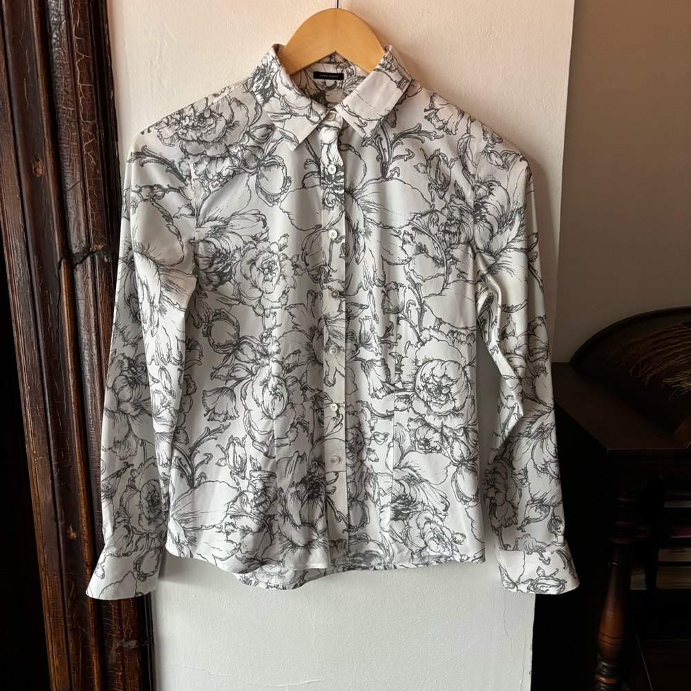Talbots Petite Floral White Long Sleeve Button Down Blouse